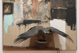 Robert Rauschenberg. Canyon. 1959. Oil, pencil, paper, metal, photograph, fabric, wood, canvas, buttons, mirror, taxidermied eagle, cardboard, pillow, paint tube and other materials, 81 3/4 × 70 × 24" (207.6 × 177.8 × 61 cm). The Museum of Modern Art, New York. Gift of the family of Ileana Sonnabend. © 2023 Robert Rauschenberg Foundation