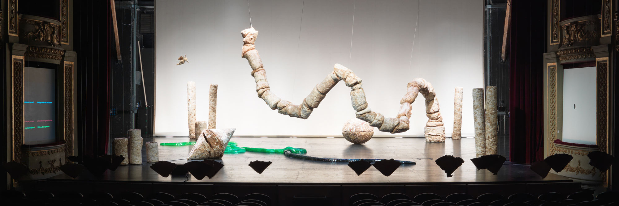 Installation view, Nour Mobarak: Dafne Phono, Municipal Theatre of Piraeus, 2023. Photo: Stathis Mamalakis. Courtesy the artist and Sylvia Kouvali, London/Piraeus