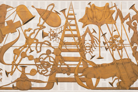Tim Rollins and K.O.S. (Kids of Survival), with Angel Abreu, Jose Burges, Robert Delgado, George Garces, Richard Lulo, Nelson Montes, José Parissi, Carlos Rivera, Annette Rosado, Nelson Ricardo Savinon. Amerika VIII. 1986–87. Watercolor, charcoal, and pencil on book pages on linen, 69 1/8" × 14' (175.6 × 426.7 cm). The Museum of Modern Art, New York. Jerry I. Speyer Fund and Robert and Meryl Meltzer Fund. ©️ 2023 Tim Rollins and K.O.S.