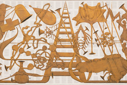 Tim Rollins and K.O.S. (Kids of Survival), with Angel Abreu, Jose Burges, Robert Delgado, George Garces, Richard Lulo, Nelson Montes, José Parissi, Carlos Rivera, Annette Rosado, Nelson Ricardo Savinon. Amerika VIII. 1986–87. Watercolor, charcoal, and pencil on book pages on linen, 69 1/8" × 14' (175.6 × 426.7 cm). The Museum of Modern Art, New York. Jerry I. Speyer Fund and Robert and Meryl Meltzer Fund. ©️ 2023 Tim Rollins and K.O.S.