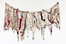 Sonia Gomes. Memory. 2004. Textile, plastic, glass, ceramic, and metal, 58 1/8" × 8' 10 1/4" (147.6 × 270 cm). The Museum of Modern Art, New York. Gift of Christie Zhou and purchase. ©️ 2023 Sonia Gomes. Courtesy of the artist