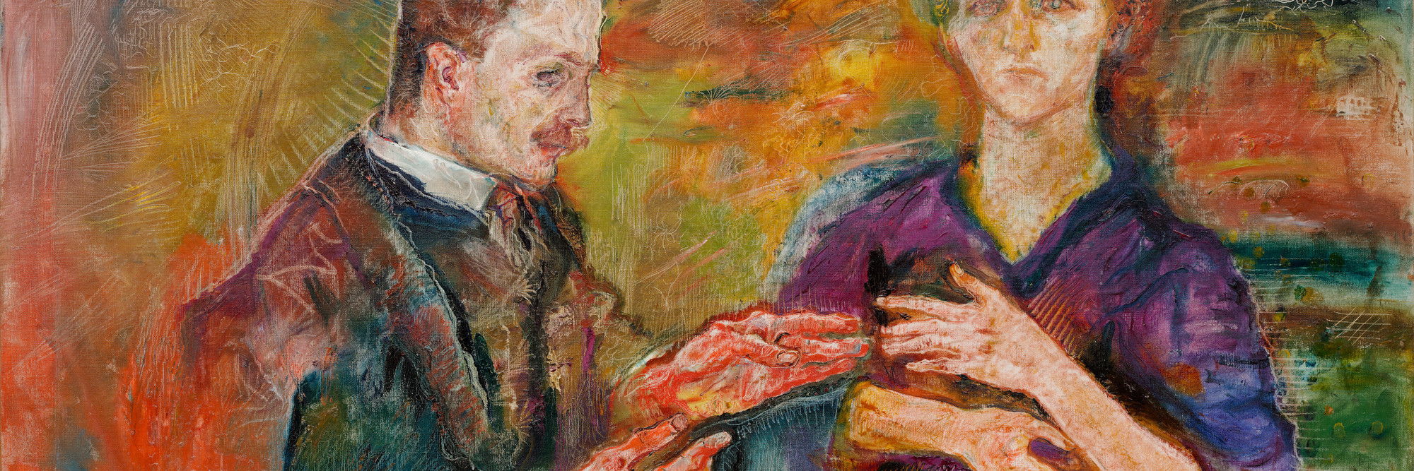 Oskar Kokoschka. Hans Tietze and Erica Tietze-Conrat. 1909. Oil on canvas, 30 1/8 × 53 5/8" (76.5 × 136.2 cm). The Museum of Modern Art, New York. Abby Aldrich Rockefeller Fund. ©️ 2023 Artists Rights Society (ARS), New York/Pro Litteris, Zurich
