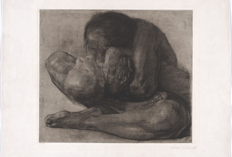 Käthe Kollwitz. Woman with Dead Child (Frau mit totem Kind). 1903. Line etching, drypoint, sandpaper, and soft ground with the imprint of laid paper and Ziegler’s transfer paper on chine collé, composition: 16 1/4 × 18 9/16" (41.2 × 47.1 cm); sheet: 21 7/16 × 27 11/16" (54.5 × 70.3 cm). The Museum of Modern Art, New York, Acquired through the generosity of the Contemporary Drawing and Print Associates. © 2024 Artists Rights Society (ARS), New York/VG Bild-Kunst, Bonn