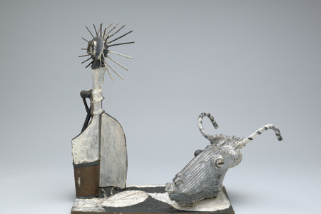 Pablo Picasso. Goat Skull and Bottle. 1951 (cast 1954). Painted bronze, 31 × 37 5/8 × 21 1/2" (78.8 × 95.3 × 54.5 cm). The Museum of Modern Art, New York. Mrs. Simon Guggenheim Fund. © 2024 Estate of Pablo Picasso/Artists Rights Society (ARS), New York
