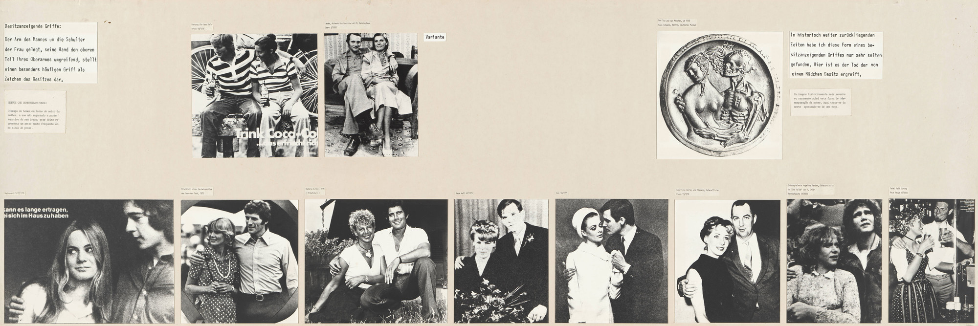 Marianne Wex. Panel from Let’s Take Back Our Space: ‘Female’ and ‘Male’ Body Language as a Result of Patriarchal Structures. 1977. Gelatin silver prints, paper, and ink on board, 19 5/8 × 59" (49.8 × 149.8 cm). The Museum of Modern Art, New York. Committee on Photography Fund, and The Modern Women’s Fund. © 2025 Marianne Wex