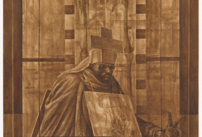 Charles White. Black Pope (Sandwich Board Man). 1973. Oil wash on board, 60 × 43 7/8" (152.4 × 111.4 cm). Richard S. Zeisler Bequest (by exchange), The Friends of Education of The Museum of Modern Art, Committee on Drawings Fund, Dian Woodner, and Agnes Gund. © 2024 The Charles White Archives