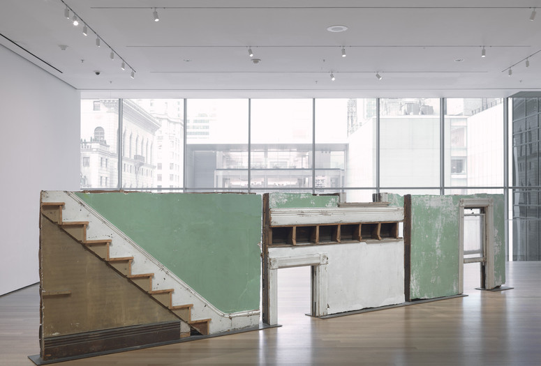 Gordon Matta-Clark. Bingo. 1974. Building fragments: painted wood, metal, plaster, and glass, three sections, Overall 69" × 25' 7" × 10" (175.3 × 779.8 × 25.4 cm). Nina and Gordon Bunshaft Bequest Fund, Nelson A. Rockefeller Bequest Fund, and the Enid A. Haupt Fund. © 2024 Estate of Gordon Matta-Clark/Artists Rights Society (ARS), New York