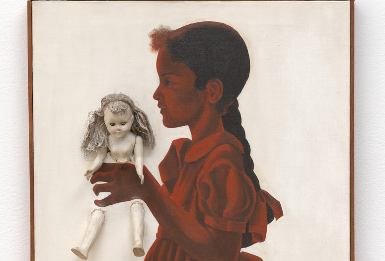 Adrian Piper. Self-Portrait at Age 5 with Doll. 1966. Oil on canvas, doll, 30 1/2 × 20 5/8 × 4 1/2" (77.5 × 52.4 × 11.4 cm). Gift of Lonti Ebers. © 2024 Adrian Piper