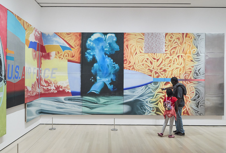 Installation view, James Rosenquist’s F-111, The Museum of Modern Art, New York, October 7, 2022–ongoing. Photo: Gus Powell. Shown: James Rosenquist. F-111. 1964–65. Oil on canvas with aluminum, 23 sections. 10 × 86' (304.8 × 2621.3 cm). Gift of Mr. and Mrs. Alex L. Hillman and Lillie P. Bliss Bequest (both by exchange). © 2011 James Rosenquist/Licensed by VAGA, New York