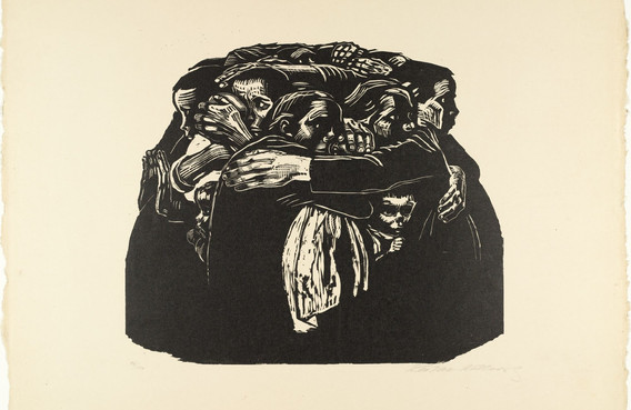 Käthe Kollwitz. The Mothers (Die Mütter), state VII/VII, plate 6 from War (Krieg). 1921–22, published 1923. One from a portfolio of eight woodcuts (including cover), composition (irreg.): 13 1/2 x 15 3/4" (34.3 x 40 cm); sheet (irreg.): 18 9/16 x 26 1/8" (47.2 x 66.4 cm). Edition: 100. The Museum of Modern Art, New York. Gift of the Arnhold Family in memory of Sigrid Edwards. © 2024 Artists Rights Society (ARS), New York / VG Bild-Kunst, Bonn