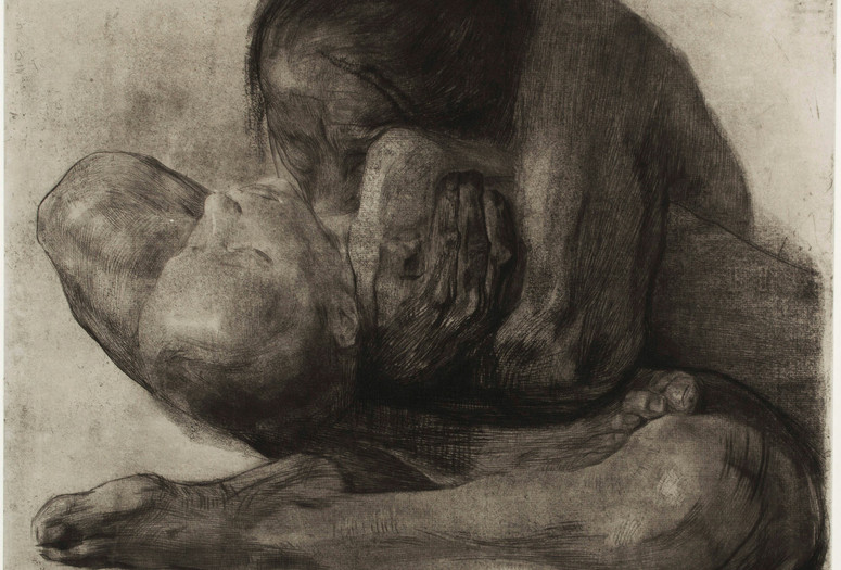 Käthe Kollwitz. Woman with Dead Child (Frau mit totem Kind). 1903. Line etching, drypoint, sandpaper, and soft ground with the imprint of laid paper and Ziegler’s transfer paper on chine collé, composition: 16 1/4 × 18 9/16" (41.2 × 47.1 cm); sheet: 21 7/16 × 27 11/16" (54.5 × 70.3 cm). The Museum of Modern Art, New York, Acquired through the generosity of the Contemporary Drawing and Print Associates. © 2024 Artists Rights Society (ARS), New York/VG Bild-Kunst, Bonn