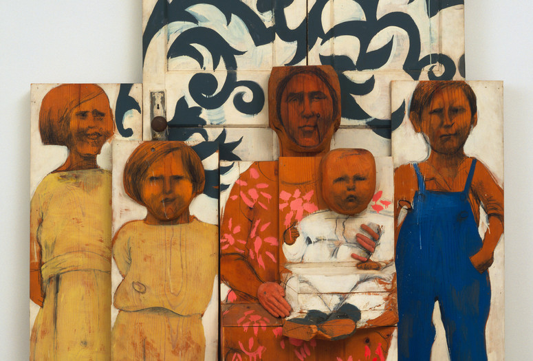 Marisol (Marisol Escobar). The Family. 1962. Paint and graphite on wood, sneakers, tinted plaster, doorknob, and plate, three sections; overall 6' 10 5/8" × 65 1/2" × 15 1/2" (209.8 × 166.3 × 39.3 cm). The Museum of Modern Art, New York. Advisory Committee Fund. © 2024 Marisol