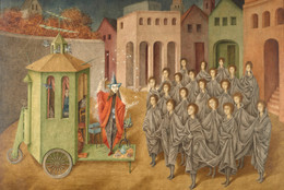 Remedios Varo. The Juggler (The Magician). 1956. Oil and inlaid mother of pearl on board, 35 13/16 × 48 1/16" (91 × 122 cm). The Museum of Modern Art, New York. Gift of Joan H. Tisch (by exchange). ©️ 2024 Remedios Varo, Artists Rights Society (ARS), New York/VEGAP, Madrid