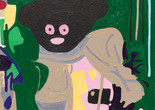 Marlon Mullen. untitled. 2017. Acrylic on canvas. The Museum of Modern Art, New York. Gift of AC Hudgins. © 2024 Marlon Mullen Image description: A painting of an abstracted Black figure in a beige artist smock holding a paintbrush and colorful palette, positioned against a forest green background. The word “ARTFORUM” is painted in rounded white letters in the top left corner. Four vertical black, blue, and beige paint strokes line the upper right side of the canvas.