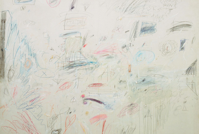 Cy Twombly. The Italians. Rome, January 1961. Oil, pencil, and crayon on canvas. The Museum of Modern Art, New York. Blanchette Hooker Rockefeller Fund. © 2024 Cy Twombly Foundation Image description: A white canvas with various scribbled, graffiti-like loops, crosses, and shapes contrasting against the surface, painted in black, red, blue, and orange. A rubbing of charcoal on the far left side of the canvas reveals a stretcher bar beneath it. A red heart is at the bottom, and “roma” is written just beneath the artist’s signature at the top right.