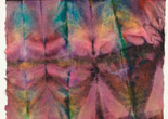Sam Gilliam. Untitled. 1971. Dye stain on mulberry paper. The Museum of Modern Art, New York. Acquired with matching funds from The Lily Auchincloss Foundation, Inc. and the National Endowment for the Arts. © Sam Gilliam/Artists Rights Society (ARS), New York Image description: A piece of frayed, textured paper has been folded with deep vertical and horizontal creases. Deep magentas, blues, yellows, and amber watercolors bleed into one another in a tie-dye effect across the gridded folds.