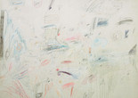 Cy Twombly. The Italians. Rome, January 1961. Oil, pencil, and crayon on canvas. The Museum of Modern Art, New York. Blanchette Hooker Rockefeller Fund. © 2024 Cy Twombly FoundationImage description: A white canvas with various scribbled, graffiti-like loops, crosses, and shapes contrasting against the surface, painted in black, red, blue, and orange. A rubbing of charcoal on the far left side of the canvas reveals a stretcher bar beneath it. A red heart is at the bottom, and “roma” is written just beneath the artist’s signature at the top right.