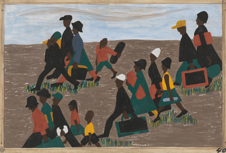 Jacob Lawrence. The migrants arrived in great numbers. 1940–41. Casein tempera on hardboard, 12 × 18" (30.5 × 45.7 cm). The Museum of Modern Art, New York. Gift of Mrs. David M. Levy. © 2024 Jacob Lawrence/Artists Rights Society (ARS), New York
