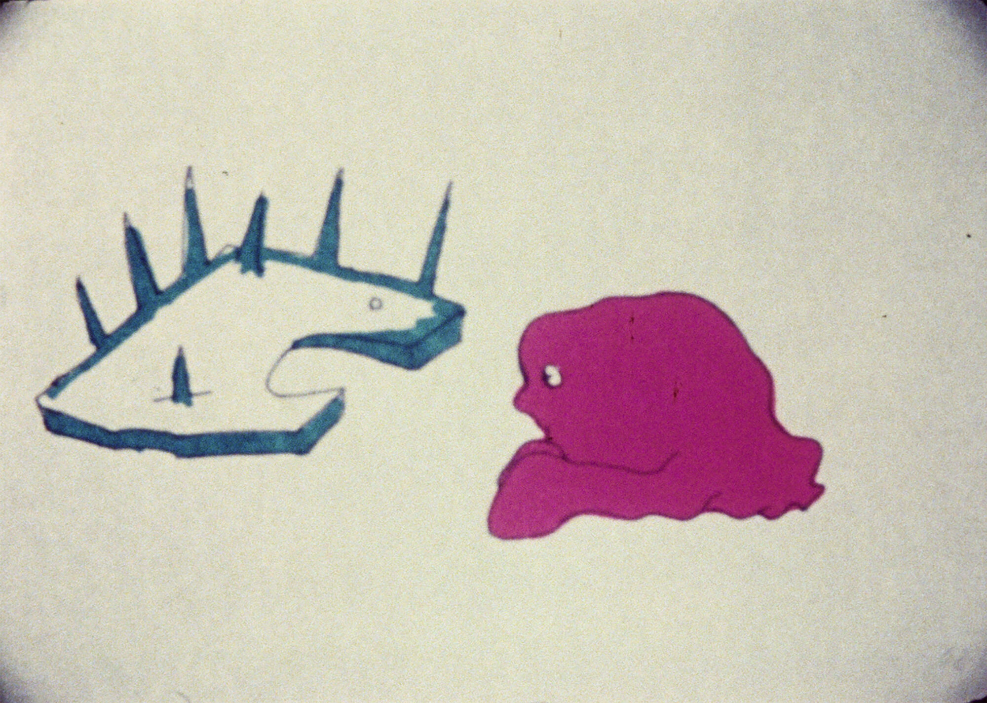 Maria Lassnig. *Encounter*. 1970. 16mm film transferred to video (color, sound), 1 min. Gift of the Maria Lassnig Foundation