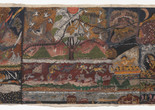 Santiago Yahuarcani. Cosmovisión Huitoto. 2022. PVA on pieced llanchama bark, overall (irreg.): 84 1/2 × 160 1/2" (214.6 × 407.7 cm). Acquired through the generosity of the Latin American and Caribbean Fund and Colección Hochschild Correa. © 2024 Santiago Yahuarcani