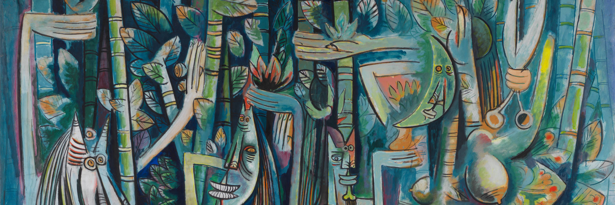 Wifredo Lam. The Jungle. 1942–43. Oil and charcoal on paper mounted on canvas, 7' 10 1/4 " × 7' 6 1/2" (239.4 × 229.9 cm). The Museum of Modern Art, New York. Inter-American Fund. © 2025 Artists Rights Society (ARS), New York/ADAGP, Paris