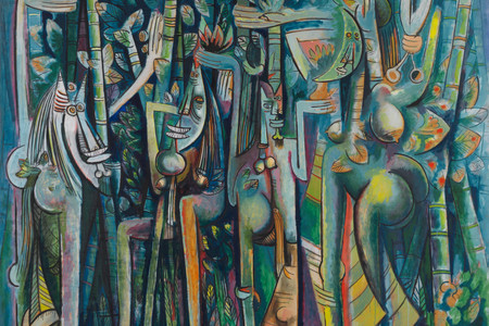 Wifredo Lam. The Jungle. 1942–43. Oil and charcoal on paper mounted on canvas, 7' 10 1/4 " × 7' 6 1/2" (239.4 × 229.9 cm). The Museum of Modern Art, New York. Inter-American Fund. © 2025 Artists Rights Society (ARS), New York/ADAGP, Paris