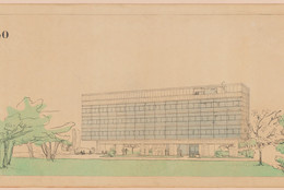 Le Corbusier (Charles-Édouard Jeanneret), Pierre Jeanneret. Swiss Pavilion, Cité internationale universitaire de Paris, Paris, France, Side elevation. 1932. Airbrush on lithograph, 16 × 36 7/8" (40.6 × 93.7 cm). The Museum of Modern Art, New York. Purchase. © 2025 Artists Rights Society (ARS), New York/ADAGP, Paris/FLC