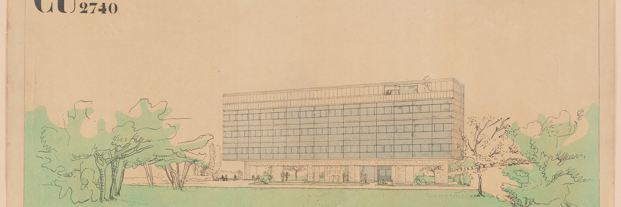 Le Corbusier (Charles-Édouard Jeanneret), Pierre Jeanneret. Swiss Pavilion, Cité internationale universitaire de Paris, Paris, France, Side elevation. 1932. Airbrush on lithograph, 16 × 36 7/8" (40.6 × 93.7 cm). The Museum of Modern Art, New York. Purchase. © 2025 Artists Rights Society (ARS), New York/ADAGP, Paris/FLC