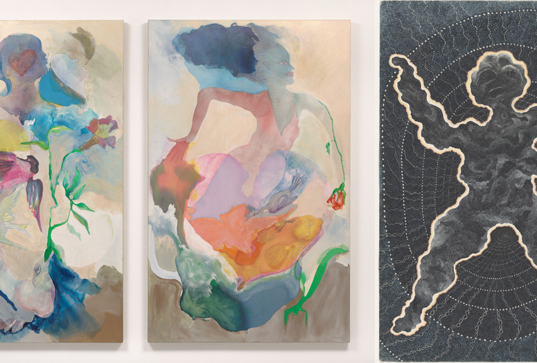 From left: Suzanne Jackson. Wind and Water. 1975. Acrylic and pencil on canvas, two panels. The Museum of Modern Art, New York. Acquired through the generosity of The Modern Women’s Fund, Alice and Tom Tisch, Anne and Joel Ehrenkranz, Marie-Josée and Henry R. Kravis, Michael S. Ovitz, Ronnie F. Heyman, and Pamela J. Joyner and Alfred J. Giuffrida. © Suzanne Jackson, courtesy the artist and Ortuzar Projects, New York; Ann Leda Shapiro. Out of the Web. 1976. Watercolor on paper. The Museum of Modern Art, New York. Gift of Jack Shear. © 2025 Ann Leda Shapiro