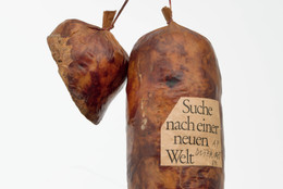 Dieter Roth. Literature Sausage (Literaturwurst). 1969, published 1961–70. Artist’s book of ground copy of Suche nach einer Neuen Welt by Robert F. Kennedy, gelatin, lard, and spices in natural casing, overall (approx.): 12 × 6 11/16 × 3 9/16" (30.5 × 17 × 9 cm). Publisher: the artist. Fabricator: Dieter Roth. Edition: artist's proof outside the edition of 50. The Print Associates Fund in honor of Deborah Wye. © 2019 Estate of Dieter Roth