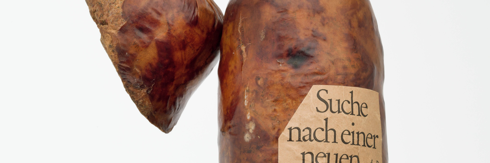 Dieter Roth. Literature Sausage (Literaturwurst). 1969, published 1961–70. Artist’s book of ground copy of Suche nach einer Neuen Welt by Robert F. Kennedy, gelatin, lard, and spices in natural casing, overall (approx.): 12 × 6 11/16 × 3 9/16" (30.5 × 17 × 9 cm). Publisher: the artist. Fabricator: Dieter Roth. Edition: artist's proof outside the edition of 50. The Print Associates Fund in honor of Deborah Wye. © 2019 Estate of Dieter Roth