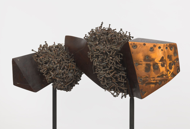 Jack Whitten. The Afro American Thunderbolt. 1983/1984. Black mulberry wood with copper plate and nails. © Jack Whitten Estate. Courtesy the Estate and Hauser &amp; Wirth. Photo: Genevieve Hanson