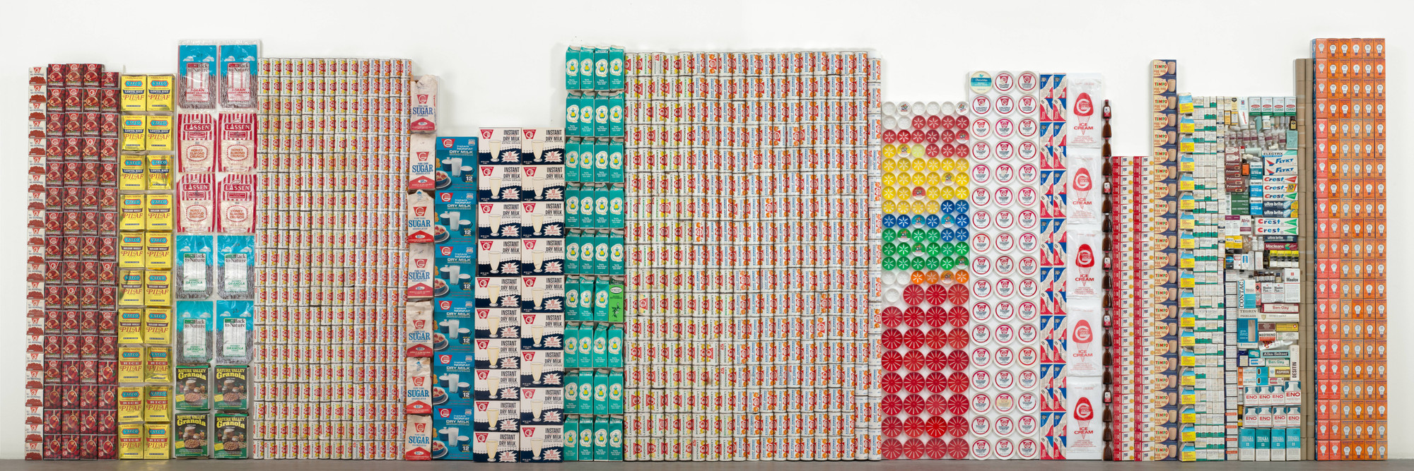 George Maciunas. One Year. 1973–74. Various empty containers and packaging, installation (approx.): 85 13/16 × 275 7/8 × 4 1/4" (218 × 700.7 × 10.8 cm). The Gilbert and Lila Silverman Fluxus Collection Gift