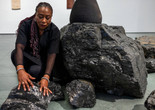 Otobong Nkanga during installation of the exhibition Otobong Nkanga: Cadence, The Museum of Modern Art, New York, October 10, 2024–July 27, 2025. Photo: Jonathan Dorado.