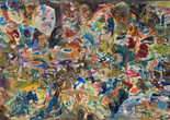 Jack Whitten. Garden in Bessemer II. 1968. Oil on canvas, 91 7/16 × 121 15/16" (232.3 × 309.7 cm). Jack Whitten Estate, courtesy Whitten studio. Image description: Colorful streaks of paint form abstract faces in a painting.