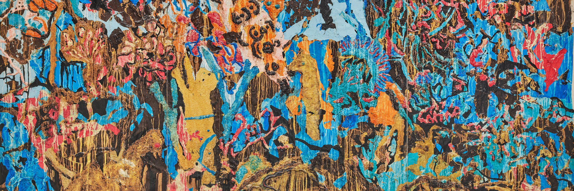 Mark Bradford. Jungle Jungle. 2021. Torn-and-pasted paper and string on canvas, 11' 4 1/4" × 21' 7" (346.1 × 657.8 cm). The Museum of Modern Art, New York. Gift of Kenneth C. Griffin.