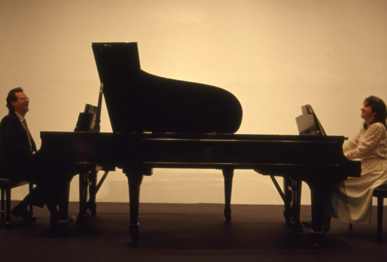 Stephen Prina. An Evening of 19th- and 20th-Century Piano Music. 1982–85. Performed at the Museum of Contemporary Art, Los Angeles, April 8–10, 1988. Performers (from left): Gaylord Mowrey, Lorna Eder. The Foundation for Art Resources, Los Angeles, provided support for the world premiere of this work at Symphony Space New York, December 4, 1985. © 2025 Stephen Prina