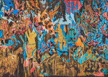 Mark Bradford. Jungle Jungle. 2021. Torn-and-pasted paper and string on canvas. The Museum of Modern Art, New York. Gift of Kenneth C. Griffin Image description: A large-scale collage on canvas covered to the edges with colorful, abstract, animal-like shapes in brown, blue, orange, and red torn paper. Lions, birds, and other jungle creature-like forms are packed together and hidden amid a dense tropical environment.