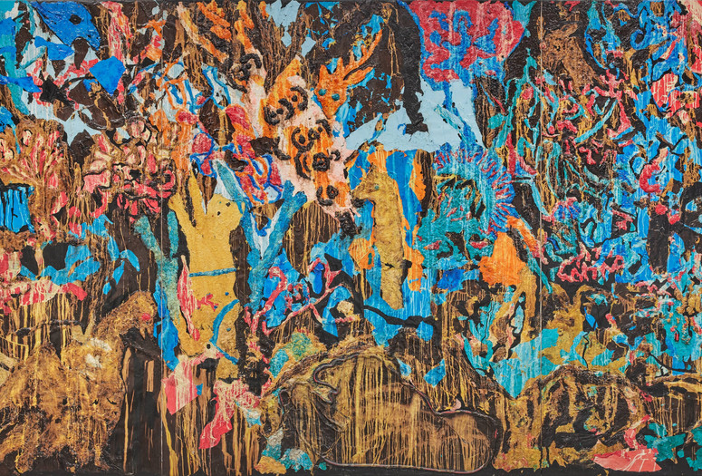 Mark Bradford. Jungle Jungle. 2021. Torn-and-pasted paper and string on canvas. The Museum of Modern Art, New York. Gift of Kenneth C. Griffin Image description: A large-scale collage on canvas covered to the edges with colorful, abstract, animal-like shapes in brown, blue, orange, and red torn paper. Lions, birds, and other jungle creature-like forms are packed together and hidden amid a dense tropical environment.