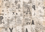 Mira Schendel. Untitled from Graphic Objects (Objetos gráficos). 1967. Graphite, transfer type, and oil on paper between transparent acrylic sheets with transfer type. The Museum of Modern Art, New York. Gift of Patricia Phelps de Cisneros through the Latin American and Caribbean Fund in honor of Luis Pérez-Oramas. © 2025 Estate of Mira Schendel. Image description: Alphabet letters of different fonts and sizes spill across the square cream-colored paper, covering the entire surface of the page. Some letters are backwards and some repeat in rows. There are mathematical symbols and geometric shapes scattered around. Scribbles and scratches are drawn in between the letters, creating small patterns throughout the composition.