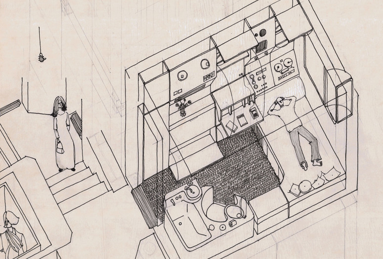 Image: Kisho Kurokawa Architect &amp; Associates. Nakagin Capsule Tower, Tokyo 1970–72. Cutaway axonometric sketch (detail), scale 1:20. January 21, 1971. Marker on tracing paper. Courtesy the architects