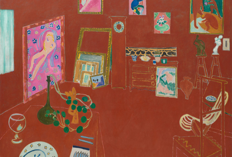 Henri Matisse. The Red Studio. Issy-les-Moulineaux, fall 1911. Oil on canvas. The Museum of Modern Art, New York. Mrs. Simon Guggenheim Fund. © 2025 Succession H. Matisse/Artists Rights Society (ARS), New York. Image description: An art studio painted in red tones containing colorful objects like a vase and plate on a table and painted canvases leaning against a wall