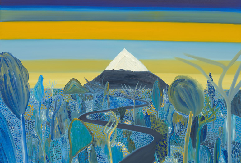 Matthew Wong. Unknown Pleasures. 2019. Oil on Canvas. The Museum of Modern Art, New York. Gift of Monita and Raymond Wong in memory of their son Matthew Wong. © 2025 Matthew Wong Foundation/Artists Rights Society (ARS), New York. Image description: A snow-capped mountain in the distance is surrounded by bright blue-green plants.