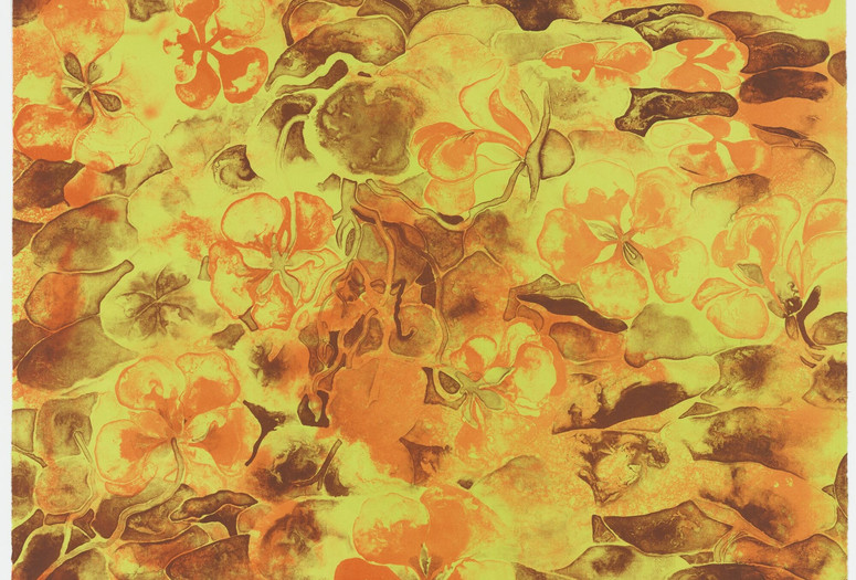 Ruth Asawa. Nasturtiums (TAM.1557). 1965. Lithograph. Proof outside the edition of 20. The Museum of Modern Art, New York. Gift of Kleiner, Bell &amp; Co. © 2025 Ruth Asawa Lanier, Inc. Courtesy David Zwirner. Image description: A lithograph print of flowers layered in an abstract composition that fills the entire page. The background is a bright yellow-green, with organic petal shapes emerging in warm brown and orange hues.