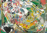 Hans Hofmann. Spring. 1944–45 (dated on reverse 1940). Oil and enamel on wood. The Museum of Modern Art, New York. Gift of Mr. and Mrs. Peter A. Rübel. © 2025 Estate of Hans Hofmann/Artists Rights Society (ARS), New York Image description: A colorful abstract painting on a horizontally oriented canvas. The background is predominately different shades of muted greens and brown, with circles and squiggles of white, yellow, blue, black, and salmon pink paint dripped around the composition.