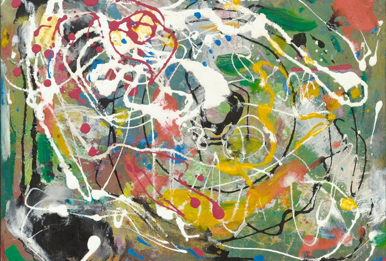Hans Hofmann. Spring. 1944–45 (dated on reverse 1940). Oil and enamel on wood. The Museum of Modern Art, New York. Gift of Mr. and Mrs. Peter A. Rübel. © 2025 Estate of Hans Hofmann/Artists Rights Society (ARS), New York Image description: A colorful abstract painting on a horizontally oriented canvas. The background is predominately different shades of muted greens and brown, with circles and squiggles of white, yellow, blue, black, and salmon pink paint dripped around the composition.