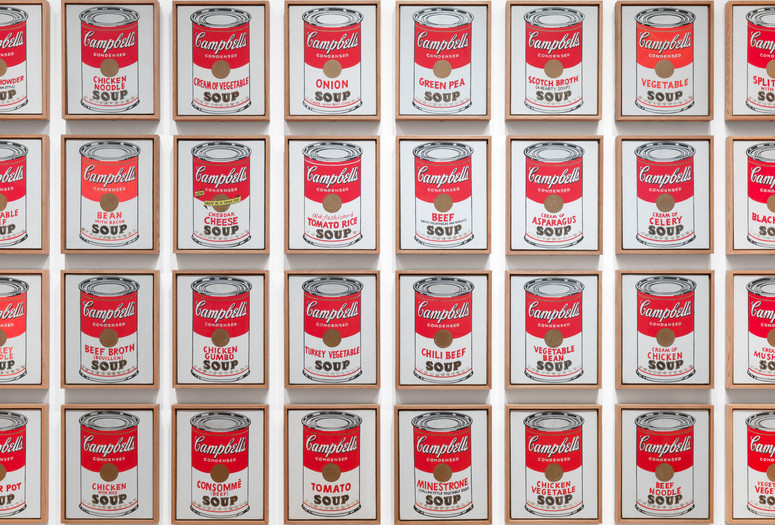 Andy Warhol. Campbell’s Soup Cans. 1962. Acrylic with metallic enamel paint on canvas, 32 panels. The Museum of Modern Art, New York. Partial gift of Irving Blum Additional funding provided by Nelson A. Rockefeller Bequest, gift of Mr. and Mrs. William A. M. Burden, Abby Aldrich Rockefeller Fund, gift of Nina and Gordon Bunshaft, acquired through the Lillie P. Bliss Bequest, Philip Johnson Fund, Frances R. Keech Bequest, gift of Mrs. Bliss Parkinson, and Florence B. Wesley Bequest (all by exchange). © 2025 Andy Warhol Foundation/ARS, NY/TM Licensed by Campbell’s Soup Co. All rights reserved Image description: Framed prints of soup cans in bold reds and whites are arranged in a grid pattern.