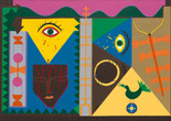 Abdias Nascimento. Facade of a Temple. 1972. Acrylic on canvas. The Museum of Modern Art, New York. Gift of Pamela J. Joyner and Alfred J. Giuffrida, and Sandra and Tony Tamer Image description: On a horizontally oriented canvas, brightly colored geometric shapes fit together like puzzle pieces. In each section is a different image or symbol, including a red-rimmed eye with a green iris, a striped snake eating its tail to form a ring, and a green bird with a feathered tail perched on a blue wheel. A wavy ribbon of magenta covers the top edge of the canvas, with the other edges bordered by a striped brown pattern.