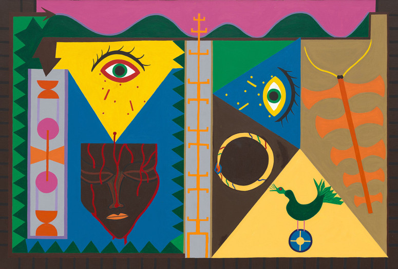 Abdias Nascimento. Facade of a Temple. 1972. Acrylic on canvas. The Museum of Modern Art, New York. Gift of Pamela J. Joyner and Alfred J. Giuffrida, and Sandra and Tony Tamer Image description: On a horizontally oriented canvas, brightly colored geometric shapes fit together like puzzle pieces. In each section is a different image or symbol, including a red-rimmed eye with a green iris, a striped snake eating its tail to form a ring, and a green bird with a feathered tail perched on a blue wheel. A wavy ribbon of magenta covers the top edge of the canvas, with the other edges bordered by a striped brown pattern.
