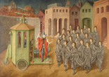 Remedios Varo. The Juggler (The Magician). 1956. Oil and inlaid mother of pearl on board. The Museum of Modern Art, New York. Gift of Joan H. Tisch (by exchange). © 2025 Remedios Varo, Artists Rights Society (ARS), New York/VEGAP, Madrid Image description: A horizontally oriented painting of a town square with muted red and green classical buildings in the background. In the middle of the square, a magician in a red robe stands on the platform of a carnivalesque cart filled with fantastical objects and animals. His star-shaped face glows with soft light as he juggles a series of white balls, performing in front of a large group of seemingly identical figures robed in a single gray cloak.